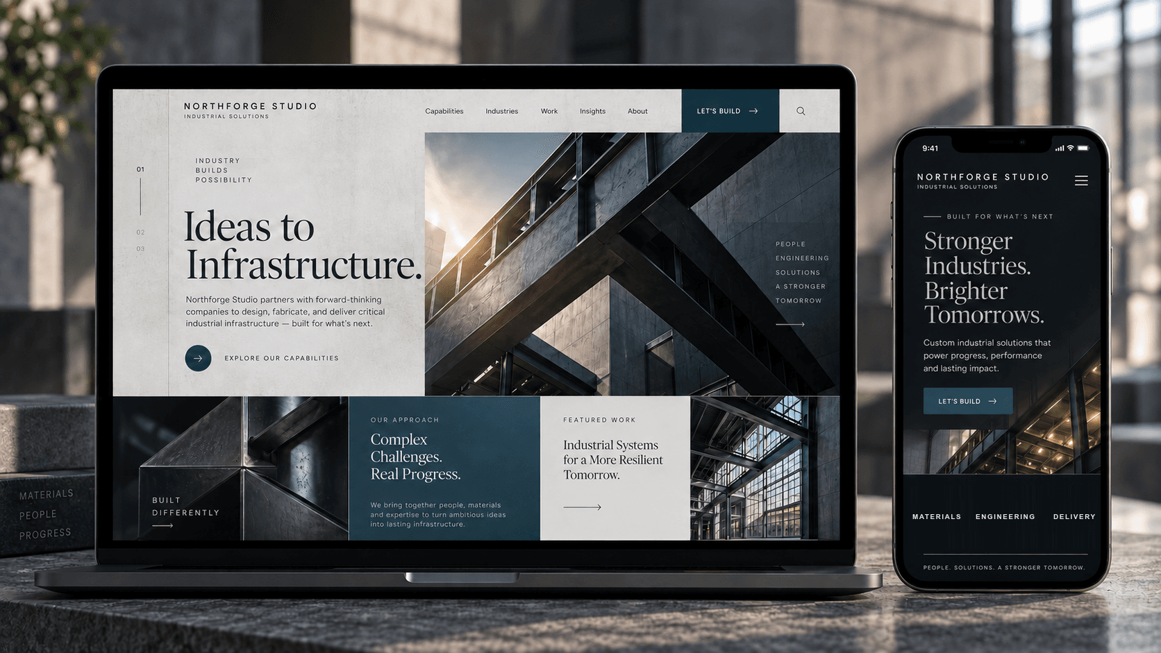 Representative industrial conversion-focused website displayed on laptop and mobile devices.
